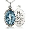 Sterling Silver 3/4in Blue Miraculous Medal & 20in Light Curb Chain