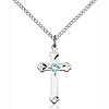 Sterling Silver 3/4in Cross Pendant with 3mm Aqua Bead & 18in Chain