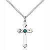 Sterling Silver 3/4in Cross Pendant with 3mm Emerald Bead & 18in Chain