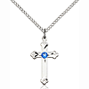 Sterling Silver 3/4in Cross Pendant with Sapphire Bead & 18in Chain