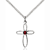 Sterling Silver 3/4in Loop Cross Pendant with Garnet Bead & 18in Chain