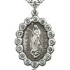 Sterling Silver 1 1/8in Lady of Guadalupe Medal Aqua Crystals & Chain