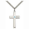 Sterling Silver 1 3/8in Cross Pendant with 3mm Aqua Bead & 24in Chain
