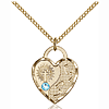 Gold Filled 3/4in Footprints Heart Pendant Aqua Bead & 18in Chain