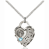 Sterling Silver 3/4in Footprints Heart Pendant Aqua Bead & 18in Chain