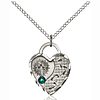 Sterling Silver 3/4in Footprints Heart Pendant Emerald Bead & Chain