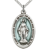 Sterling Silver 7/8in Blue Miraculous Medal & 18in Chain