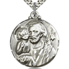 Sterling Silver 1 1/8in Round St Joseph Medal & 24in Chain