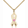 Gold Filled 7/8in Cancer Ribbon Pendant with Rose Bead & 18in Chain