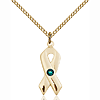 Gold Filled 7/8in Cancer Ribbon Pendant with Emerald Bead & 18in Chain