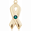 14kt Yellow Gold 7/8in Cancer Awareness Ribbon with 3mm Emerald Bead  