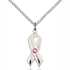 Sterling Silver 7/8in Cancer Ribbon Pendant Rose Bead & 18in Chain