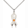 Sterling Silver 7/8in Cancer Ribbon Pendant Topaz Bead & 18in Chain