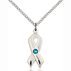 Sterling Silver 7/8in Cancer Ribbon Pendant Zircon Bead & 18in Chain