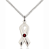Sterling Silver 7/8in Cancer Ribbon Pendant Garnet Bead & 18in Chain
