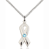 Sterling Silver 7/8in Cancer Ribbon Pendant Aquamarine Bead 18in Chain
