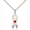 Sterling Silver 7/8in Cancer Ribbon Pendant Ruby Bead & 18in Chain