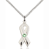 Sterling Silver 7/8in Cancer Ribbon Pendant Peridot Bead & 18in Chain
