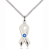 Sterling Silver 7/8in Cancer Ribbon Pendant Sapphire Bead & 18in Chain