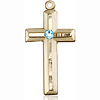 14kt Yellow Gold 1 1/8in Beveled Cross with 3mm Aqua Bead  