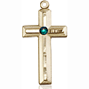 14kt Yellow Gold 1 1/8in Beveled Cross with 3mm Emerald Bead  