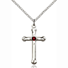 Sterling Silver 1in Budded Cross Pendant with Garnet Bead & 18in Chain