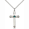 Sterling Silver 1in Budded Cross Pendant Emerald Bead & 18in Chain