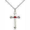 Sterling Silver 1in Budded Cross Pendant with Ruby Bead & 18in Chain