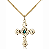 Gold Filled 7/8in Baroque Cross Emerald Bead Pendant & 18in Chain