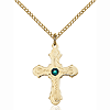 Gold Filled 7/8in Beaded Cross Emerald Bead Pendant & 18in Chain