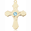14kt Yellow Gold 7/8in Florid Cross with 3mm Aqua Bead  