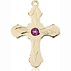 14kt Yellow Gold 7/8in Etched Cross with 3mm Amethyst Bead  