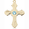 14kt Yellow Gold 7/8in Etched Cross with 3mm Aqua Bead  