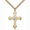 Gold Filled 1 1/4in Floral Cross Aqua Bead Pendant & 24in Chain