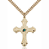 Gold Filled 1 1/4in Floral Emerald Bead Cross Pendant & 24in Chain