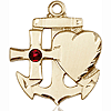14kt Yellow Gold 7/8in Faith Hope & Charity Medal with 3mm Garnet Bead  