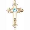 14kt Yellow Gold 7/8in Cross on Cross Medal with 3mm Aqua Bead  