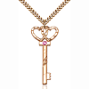 Gold Filled 1 1/2in Key Two Hearts Rose Bead Pendant & 24in Chain