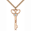 Gold Filled 1 1/2in Key Two Hearts Aqua Bead Pendant & 24in Chain
