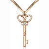 Gold Filled 1 1/2in Key Two Hearts Pendant Peridot Bead & 24in Chain