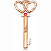 14kt Yellow Gold 1 1/2in Key Two Hearts Medal with 3mm Garnet Bead  