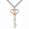 Sterling Silver 1 1/2in Key Two Hearts Pendant Topaz Bead & 24in Chain