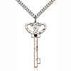 Sterling Silver 1.5in Key Two Hearts Pendant Garnet Bead & 24in Chain