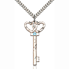 Sterling Silver 1.5in Key Two Hearts Pendant Aqua Bead & 24in Chain