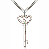 Sterling Silver 1.5in Key Two Hearts Pendant Peridot Bead & 24in Chain
