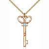 Gold Filled 1 1/4in Key Two Hearts Pendant with Aqua Bead & 18in Chain