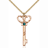 Gold Filled 1 1/4in Key Hearts Pendant Emerald Bead & 18in Chain