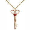 Gold Filled 1 1/4in Key Two Hearts Pendant 3mm Ruby Bead & 18in Chain