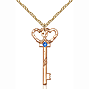 Gold Filled 1 1/4in Key Two Hearts Pendant Sapphire Bead & 18in Chain