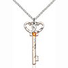 Sterling Silver 1 1/4in Key Two Hearts Pendant Topaz Bead & 18in Chain